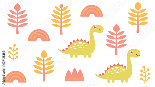Cute Dinosaur Seamless Pattern with Pastel Colors for Childrens Designs and Nursery Decor Backgrounds