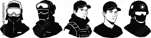 Tactical soldiers vector set, SWAT team members illustration, armed forces icons, military personnel avatars, security forces silhouettes