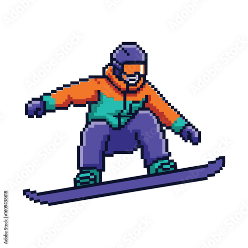 Colorful Pixelated Snowboarder in Action.