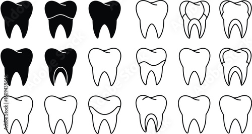 Tooth silhouette collection, dental icons, healthy teeth vector set, tooth anatomy outline, dental care symbols, oral health black white design