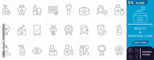Minimal line icons set for beauty and personal care, featuring skincare, cosmetics, hygiene, and wellness elements. Perfect for branding, apps, or packaging.