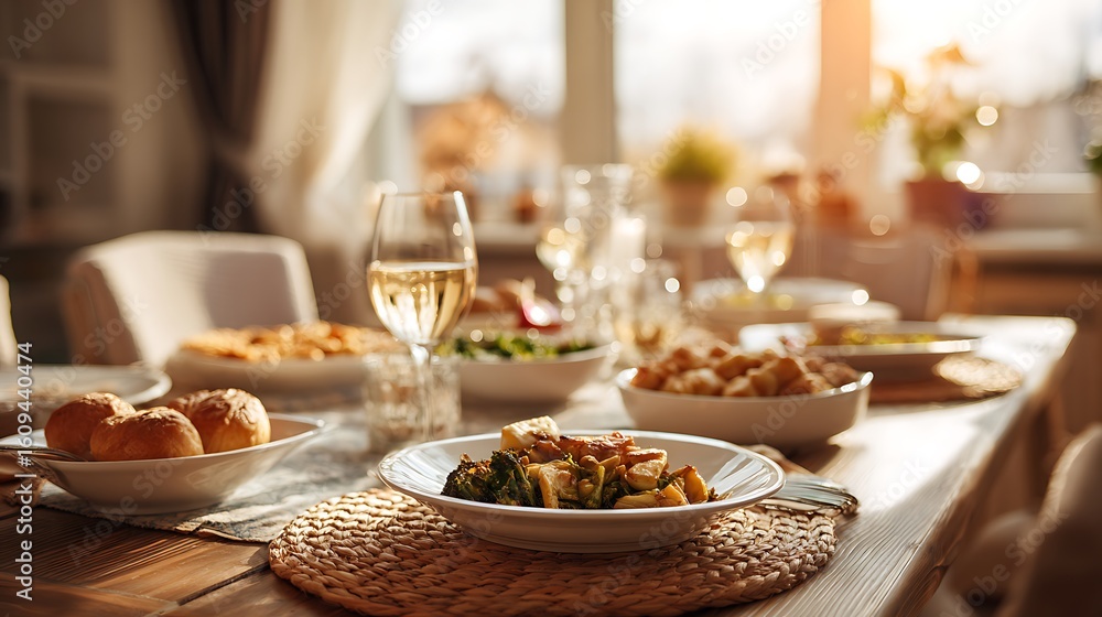 Tasty prepared meal served on dining table in warm natural light with cozy home background Tasty prepared meal served on dining table in warm natural light with cozy home background