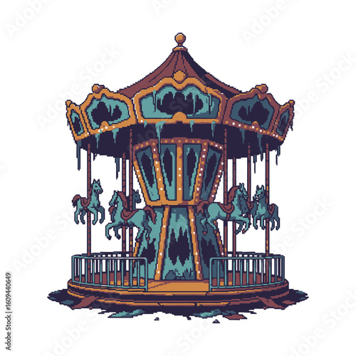 A spooky abandoned carousel ride with decaying horses rendered in a detailed pixel art style.