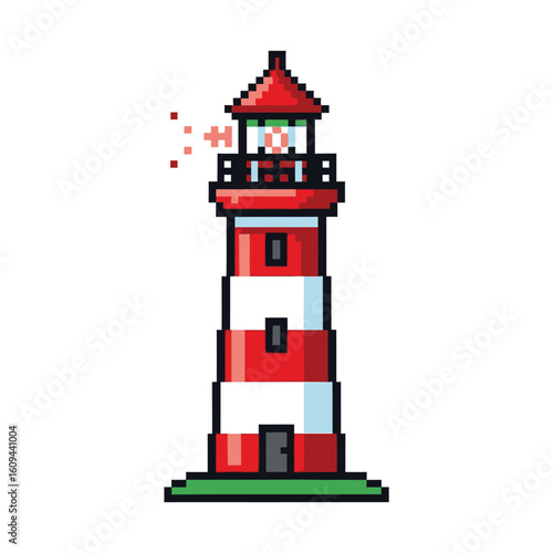 Pixel art lighthouse with red and white stripes emitting light.