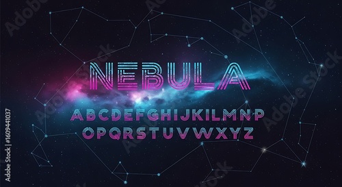 Nebula font with cosmic background and constellation lines creating a retro vibe