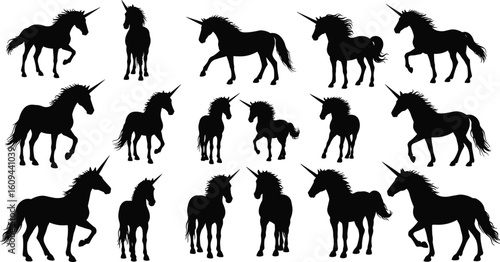 Unicorn silhouette bundle, magical horse vector, fantasy unicorn clipart, unicorn outline pack, black unicorn graphic, mythical creature SVG