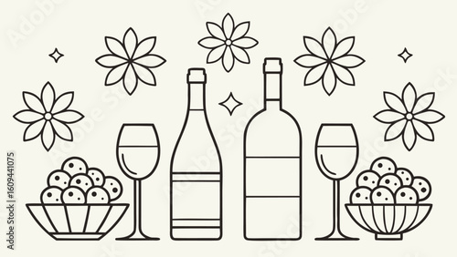Elegant wine and appetizers illustration with floral decorations for a sophisticated evening gathering or celebration in a minimalist design