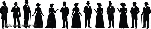 Victorian people silhouettes, historical fashion clipart, vintage man and woman vector set, old-fashioned costume icons, retro character illustration bundle