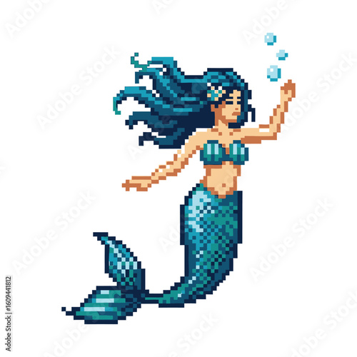 Pixel Art Mermaid with Flowing Blue Hair and Bubbles.