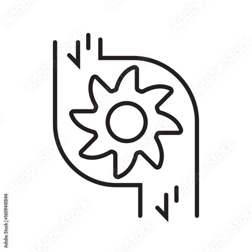 Outline icon of a horizontal hydro turbine used for energy generation in rivers or canals with editable stroke.