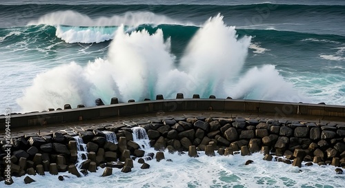 Dramatic coastal scenery featuring powerful waves crashing against a stone breakwater