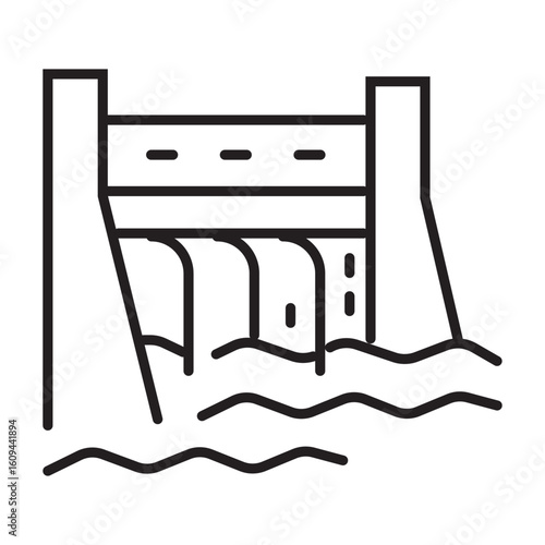 Outline icon of hydro dam with water spilling over, symbolizing power generation and overflow with editable stroke.