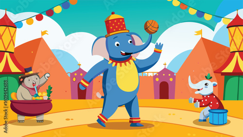 Elephants perform tricks in a vibrant circus scene
