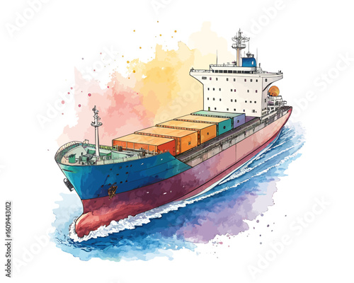 watercolor cargo ship sailing on blue water clip art preview