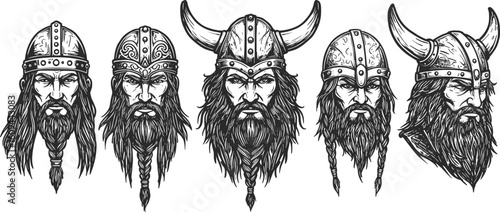 Viking warrior heads set, Norse helmets, horned helmet illustration, bearded Viking faces, medieval warrior sketches, Nordic warrior vector art