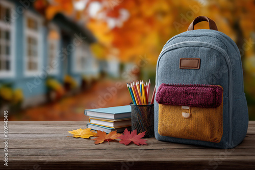 Cartable d’écolier posé sur un bureau en bois, ambiance rentrée scolaire, organisation et préparation avant la reprise des cours, décor d'automne et feuilles oranges