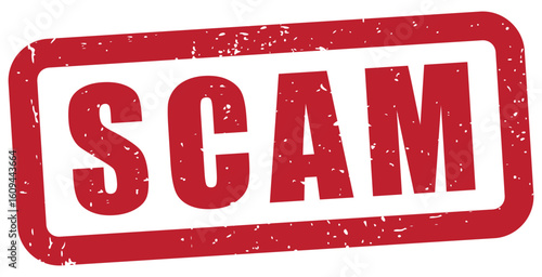 scam text with a rubber stamp effect, distressed grunge texture, misinformation, hoax,disinformation,  deception, fraud, lie, mislead,itransparent background, red grunge rubber stamp, solated vector,