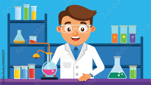 Scientist conducting experiments in a colorful lab
