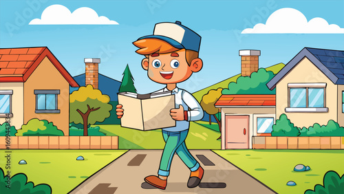 Young boy exploring neighborhood while reading map