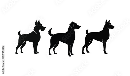 Three black dog silhouettes standing side by side