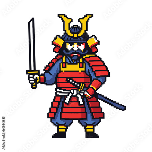 Pixel art illustration of a Japanese samurai warrior in full red and blue armor holding a katana.