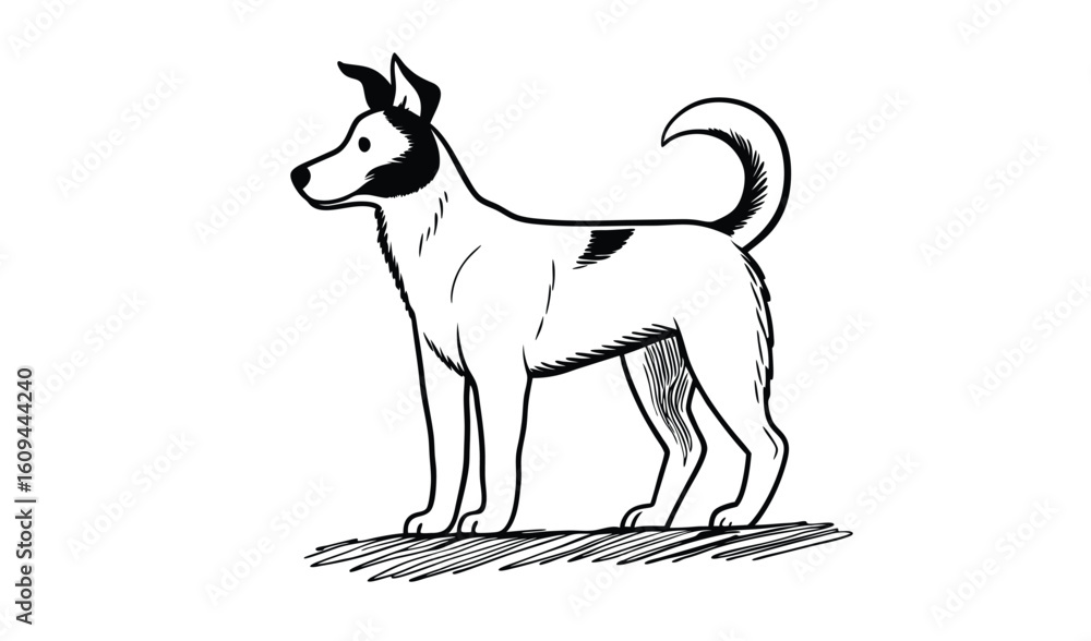 Fototapeta premium Simple sketch of a standing dog with pointed ears and a curled tail