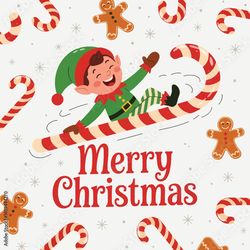Elf Sliding on Candy Cane Happy Holidays Vector Illustration