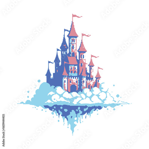 Stylized Pink and Blue Castle Floating on Clouds.