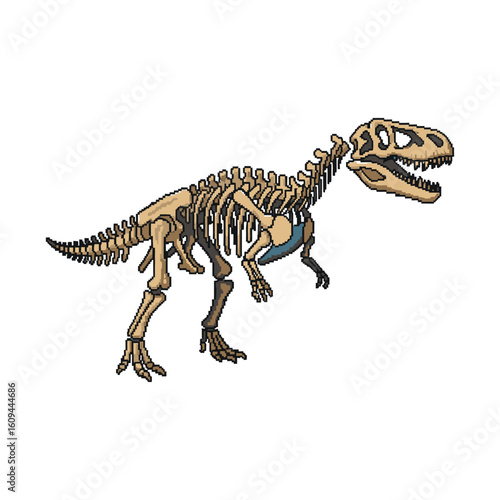 Pixel art illustration of a complete Tyrannosaurus Rex dinosaur fossil skeleton.