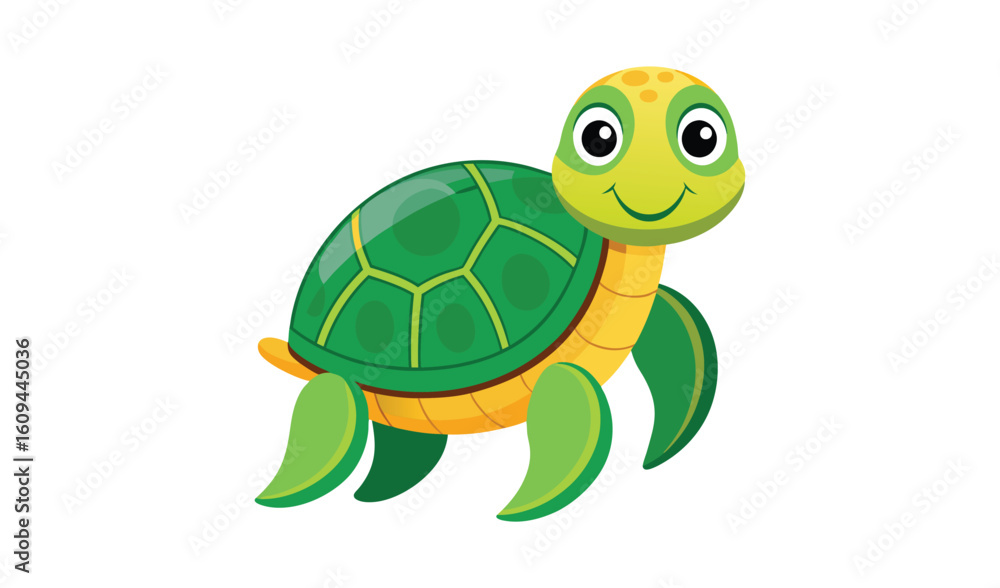 Obraz premium Cute cartoon green sea turtle with big eyes smiling