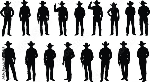 Western cowboy silhouettes set, men in hats vector collection, vintage wild west figures, rugged western outlaw clipart, male characters