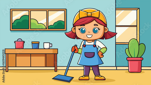 Young girl cleaning the living room with joy