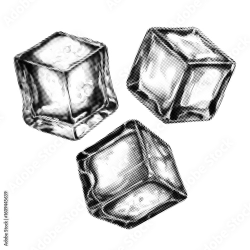Engraved halftone ice cube set. Detailed vintage black and white illustration for cocktail menu, bar branding, packaging, mixology content and retro design.