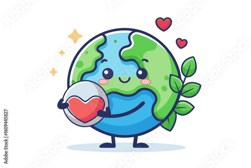 Cute Earth Globe Doodle Character Hugging Planet Icon  