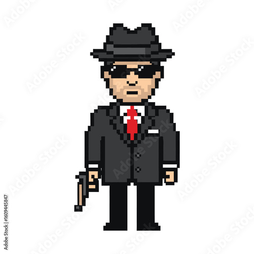 Pixel art gangster character in a black suit fedora and sunglasses holding a pistol.