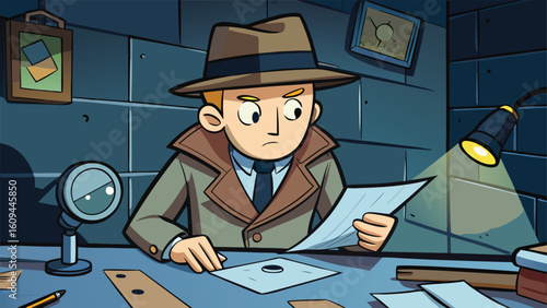 Detective analyzing clues in a dimly lit room