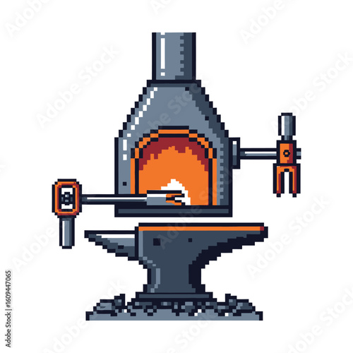 Pixel Art Blacksmith Forge Anvil and Tongs with Hot Metal.