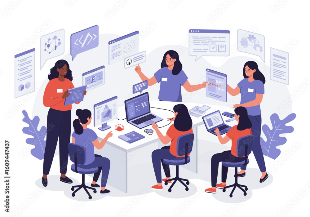 Obraz premium Diverse Team Collaboration: Women Working Together on Tech Projects at a Table.