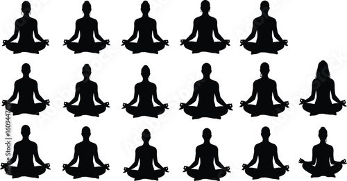 Yoga woman silhouette, meditating woman clipart, lotus pose vector, female yoga silhouette, meditation pose clipart, mindfulness SVG design