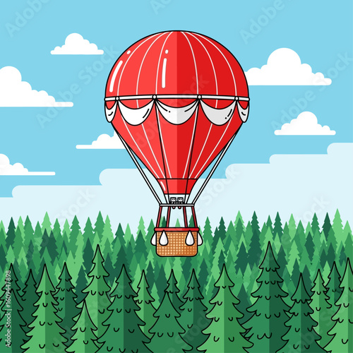 A red hot air balloon floats above a green forest under a blue sky with white clouds.