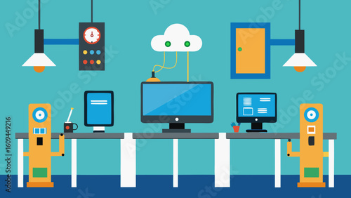 High School Tech Lab with Wires Monitors and Robots