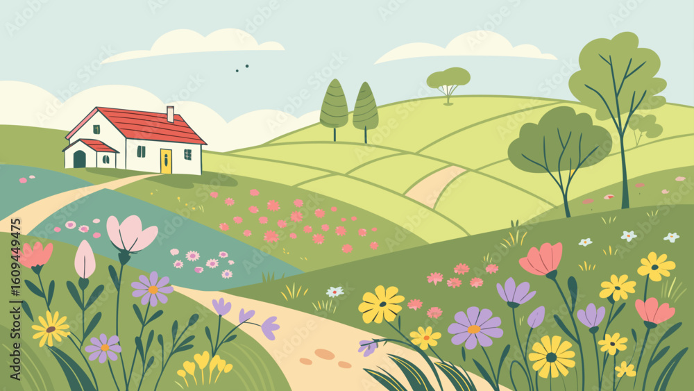 Fototapeta premium Bright Sunny Country Vector Scene - Rolling Hills Green Meadows Colorful Flowers Peaceful Farmhouse Spring Landscape