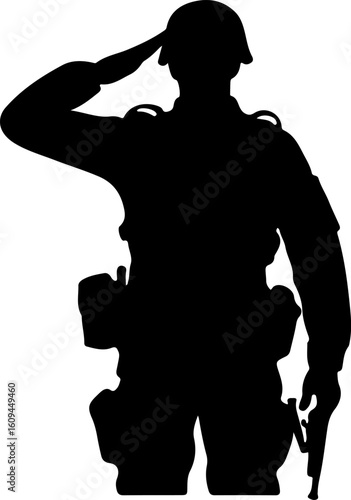 A black silhouette of a soldier in uniform, wearing a helmet and equipment, performing a salute. The soldier is holding a handgun in their other hand.