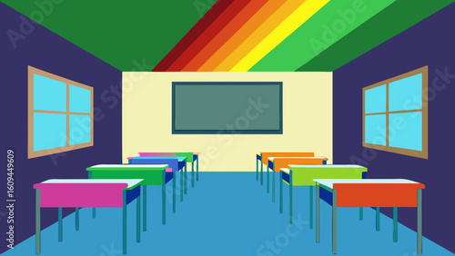 Empty Classroom with Rainbow Gradient Lighting