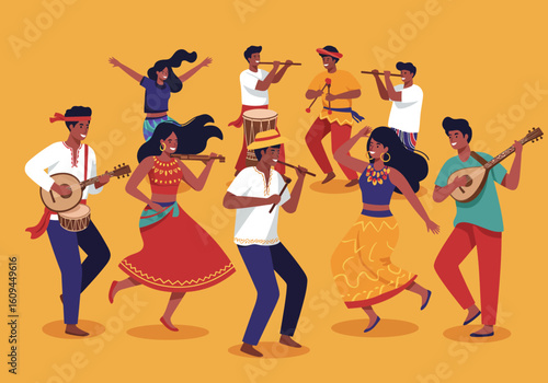 Colorful Group of Musicians and Dancers Performing Together Joyful Celebration.