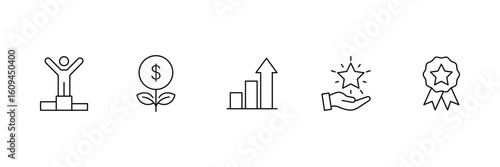 Success, achievement, growth, progress, reward, winner, business success, financial gain, leadership, excellence, improvement, inspiration, development icon set.