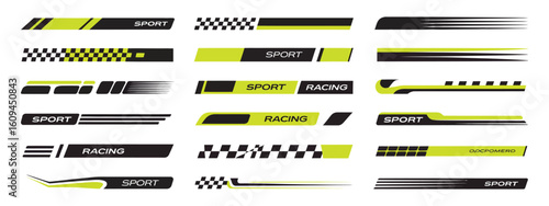 Racing Stripe Decal Pack, Vector Set with Sports Car, Motorcycle, and Boat Stickers Featuring Tuning Bars, Flat Design, and High-Speed Style Graphics

