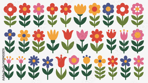 Cheerful floral folk art pattern brings vibrant joy, perfect for textile designs, stationery, and adding a touch of whimsy to any creative project