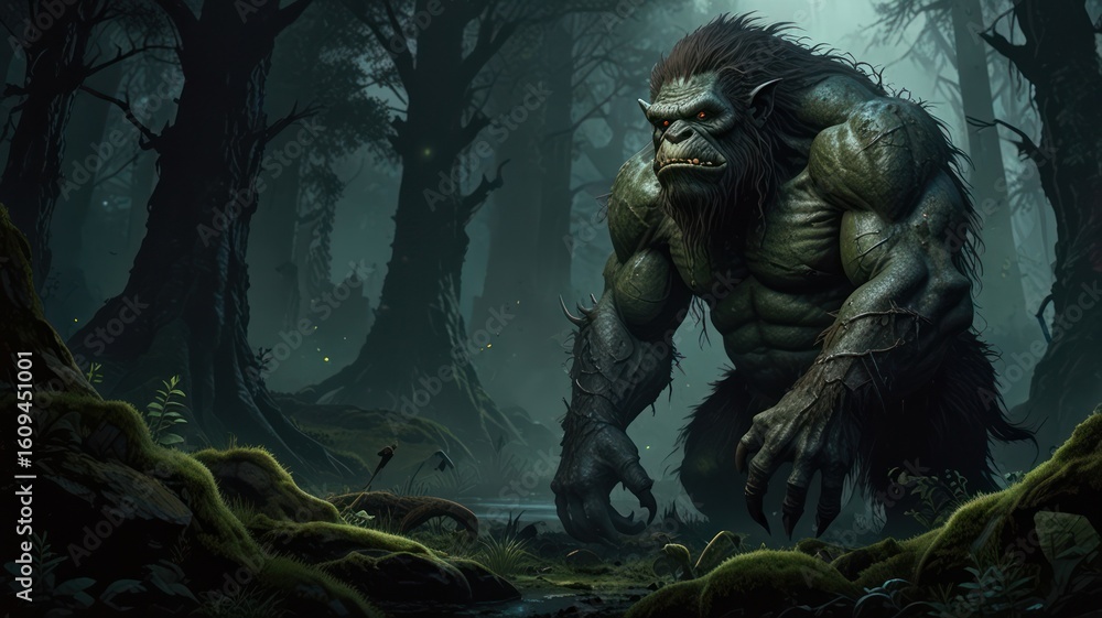 Fototapeta premium A colossal, hulking beast emerges from a shadowy, mysterious forest