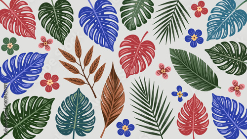 Modern floral pattern of tropical leaves and flowers for eye-catching textile design, perfect for a vibrant summer or spring background or surface covering